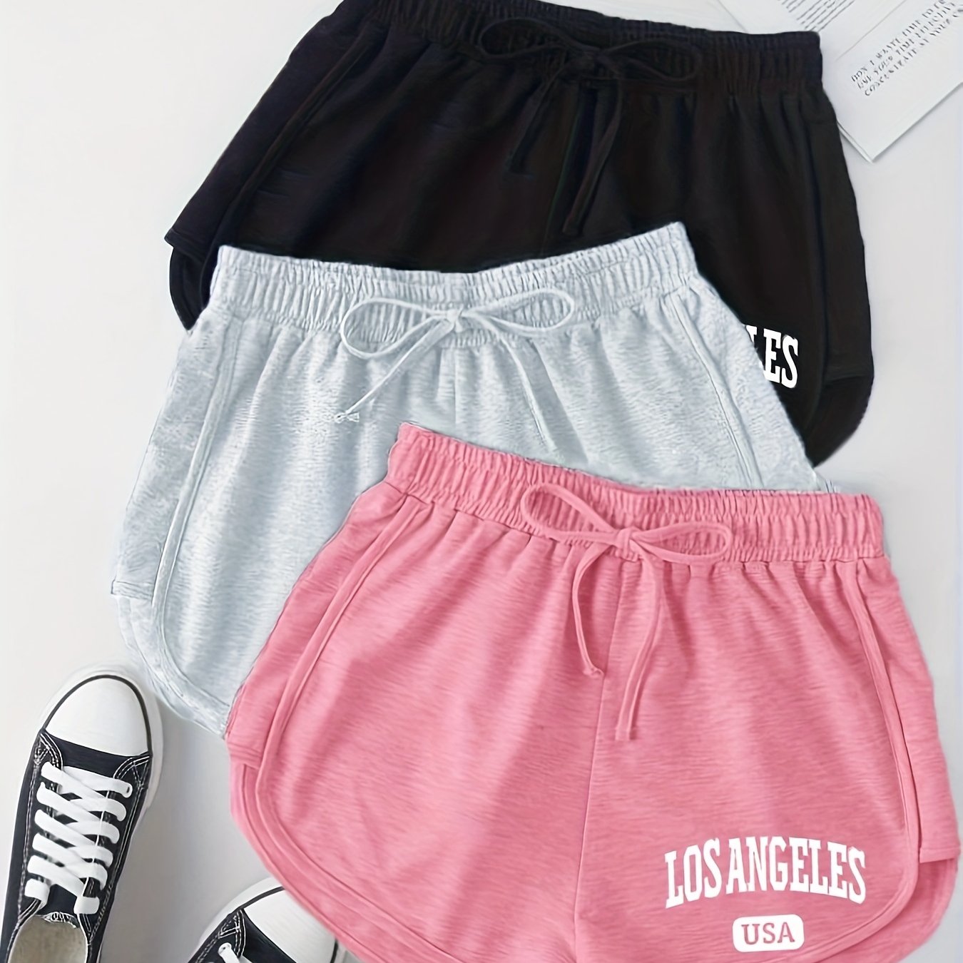 3 Pack Letter Print Drawstring Shorts for Women