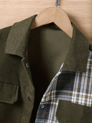 Girls Corduroy Plaid Collared Snap Jacket