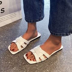 Women's Solid Slide Sandals Lightweight Square Open Toe Slip On Shoes