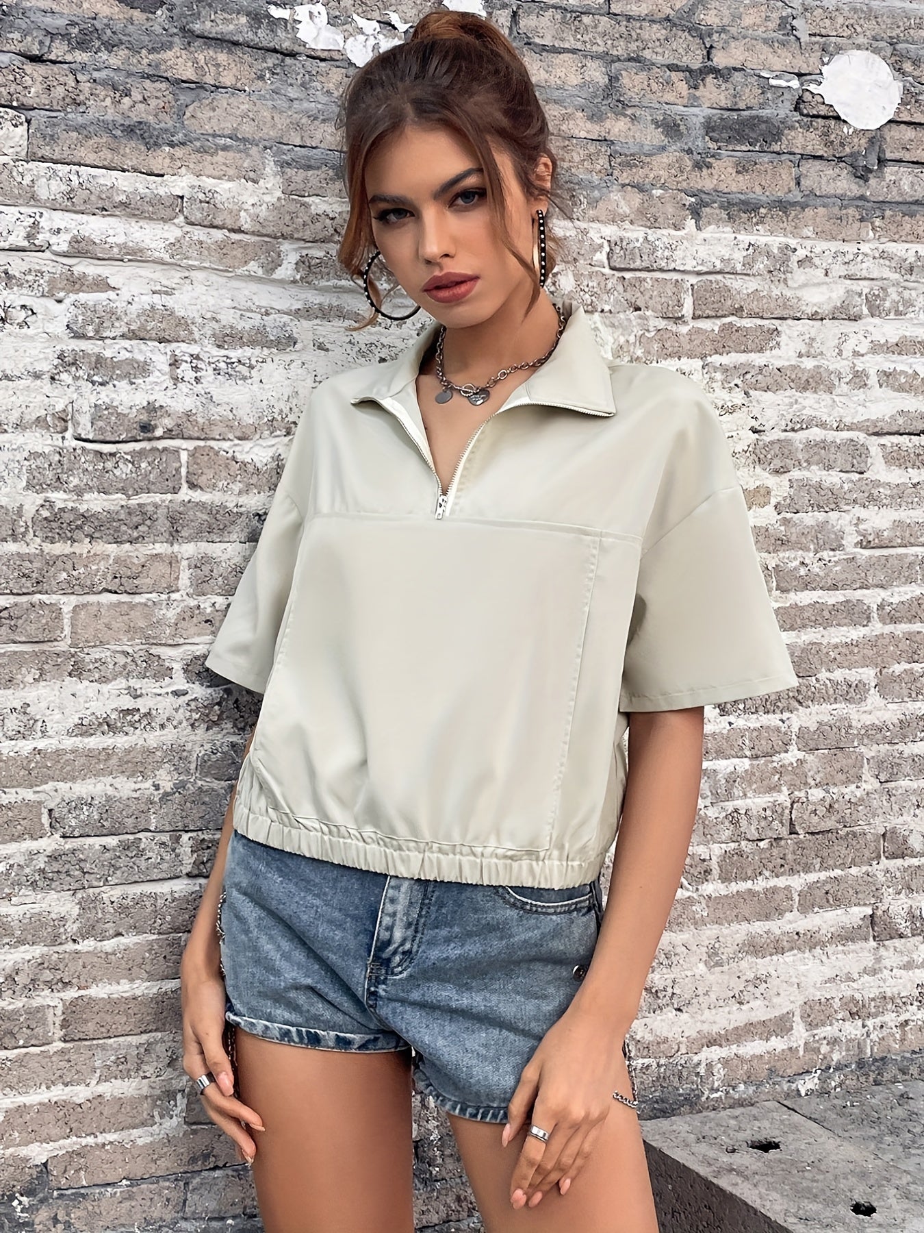 Solid Stand Collar Short Sleeve Jacket