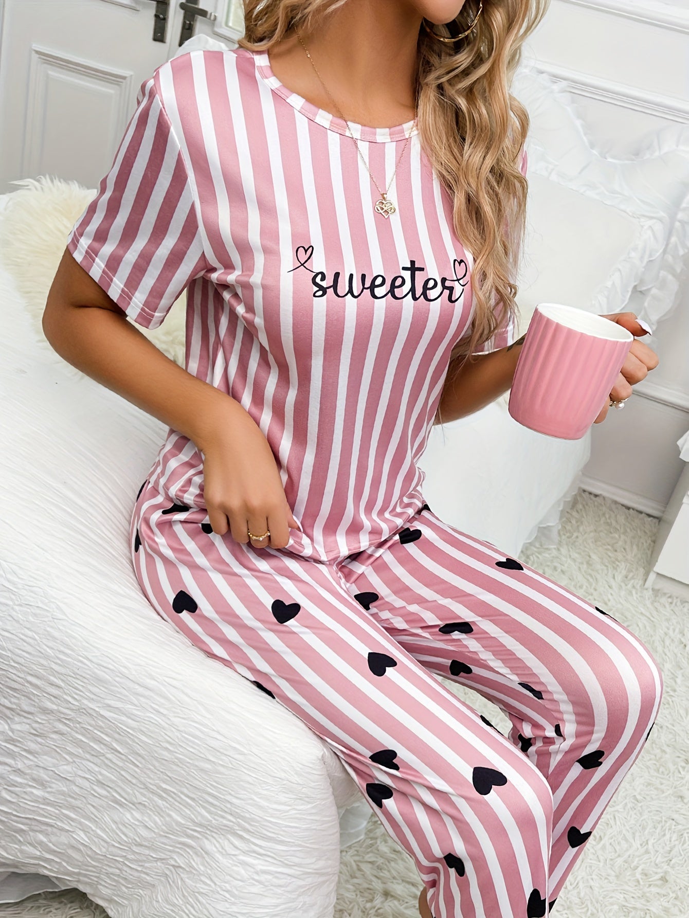 Heart Print Pajama Set Short Sleeve Top & Elastic Waistband Pants