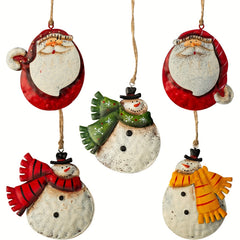 5pcs Double Sided Christmas Tree Ornaments Tin Santa Snowman Ornaments