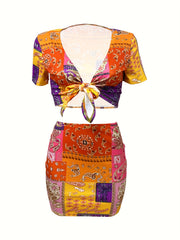 Floral Print Two Piece Set V Neck Crop Top & Bodycon Skirt