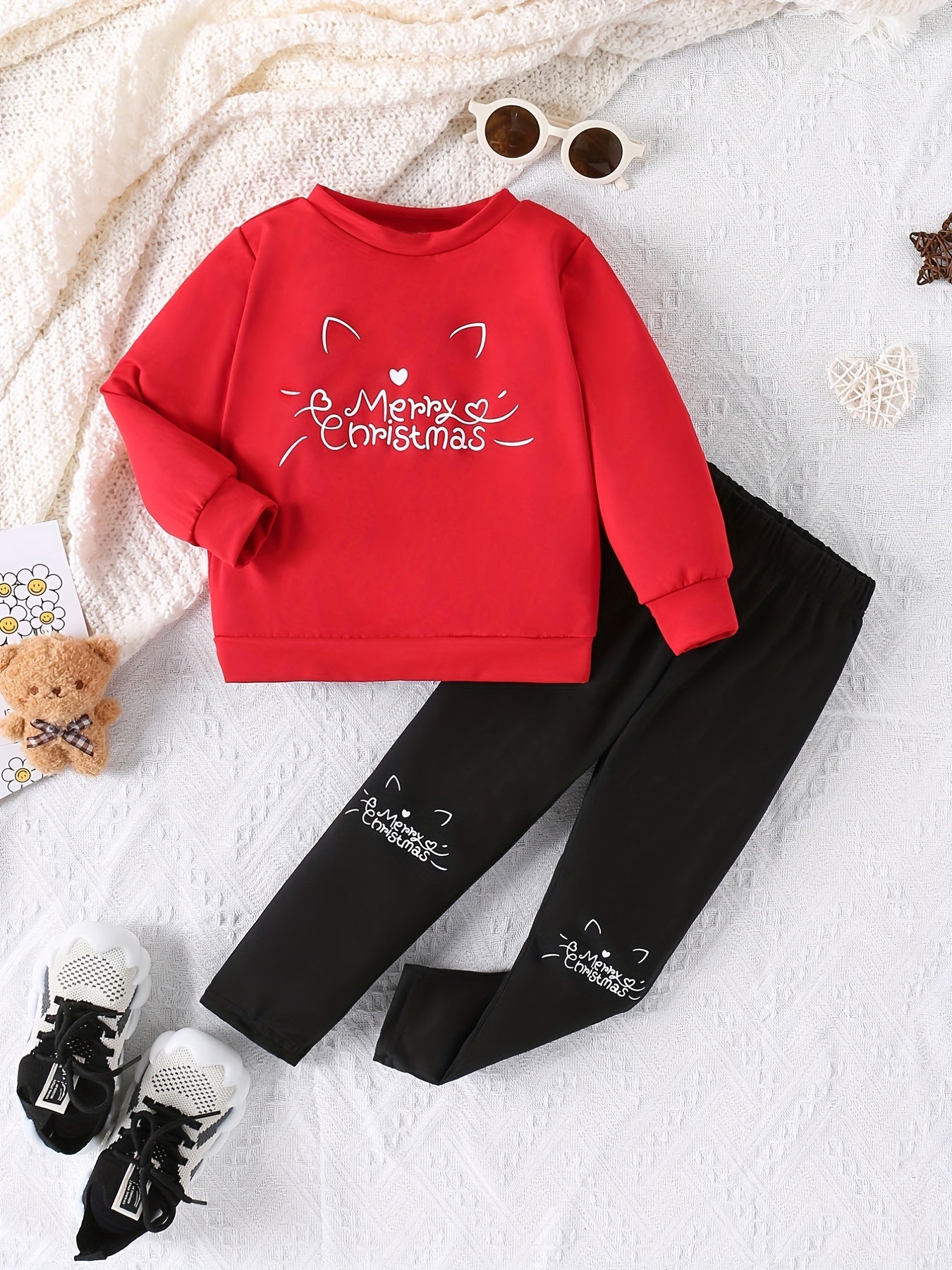 Girl's Cartoon Cat Print 2pcs Set Sweatshirt & Leggings