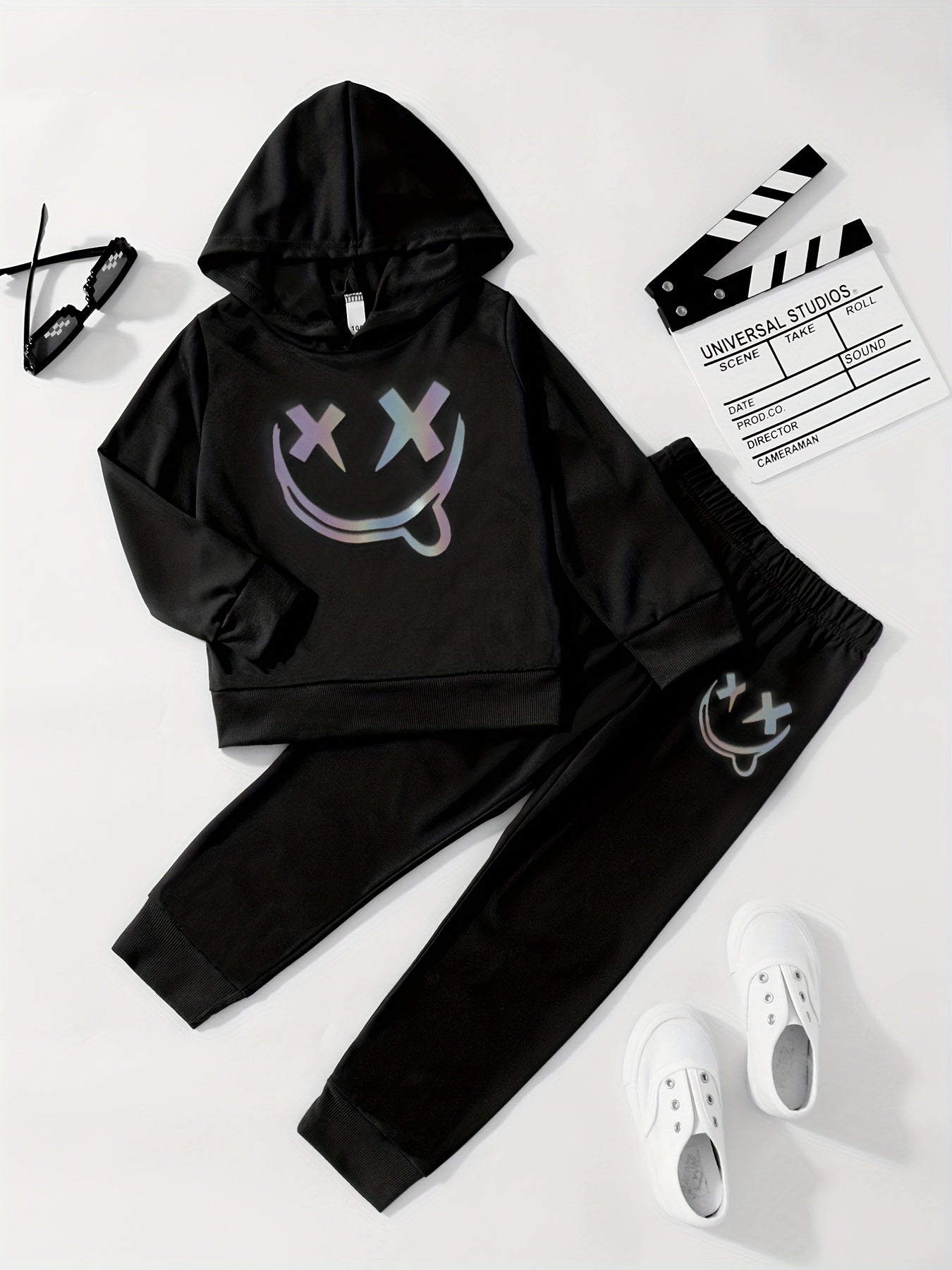 Boys 2pcs Hoodie & Pants Reflective Print Crew Neck Pullover Top