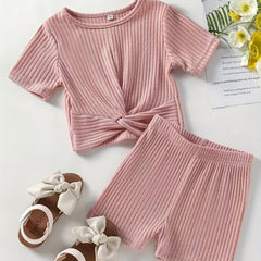 2pcs Toddler Girls Ribbed Knit T Shirt Top & Biker Shorts Set