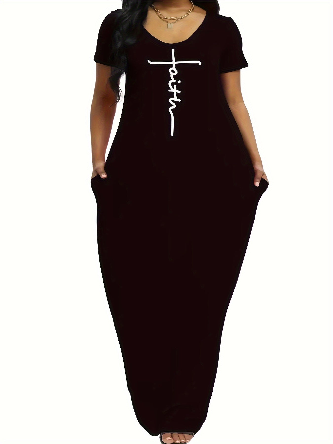 Letter Print Short Sleeve V Neck Maxi Dress