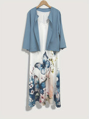 Two Piece Set - Open Front Overcoat & Floral Tank Dress