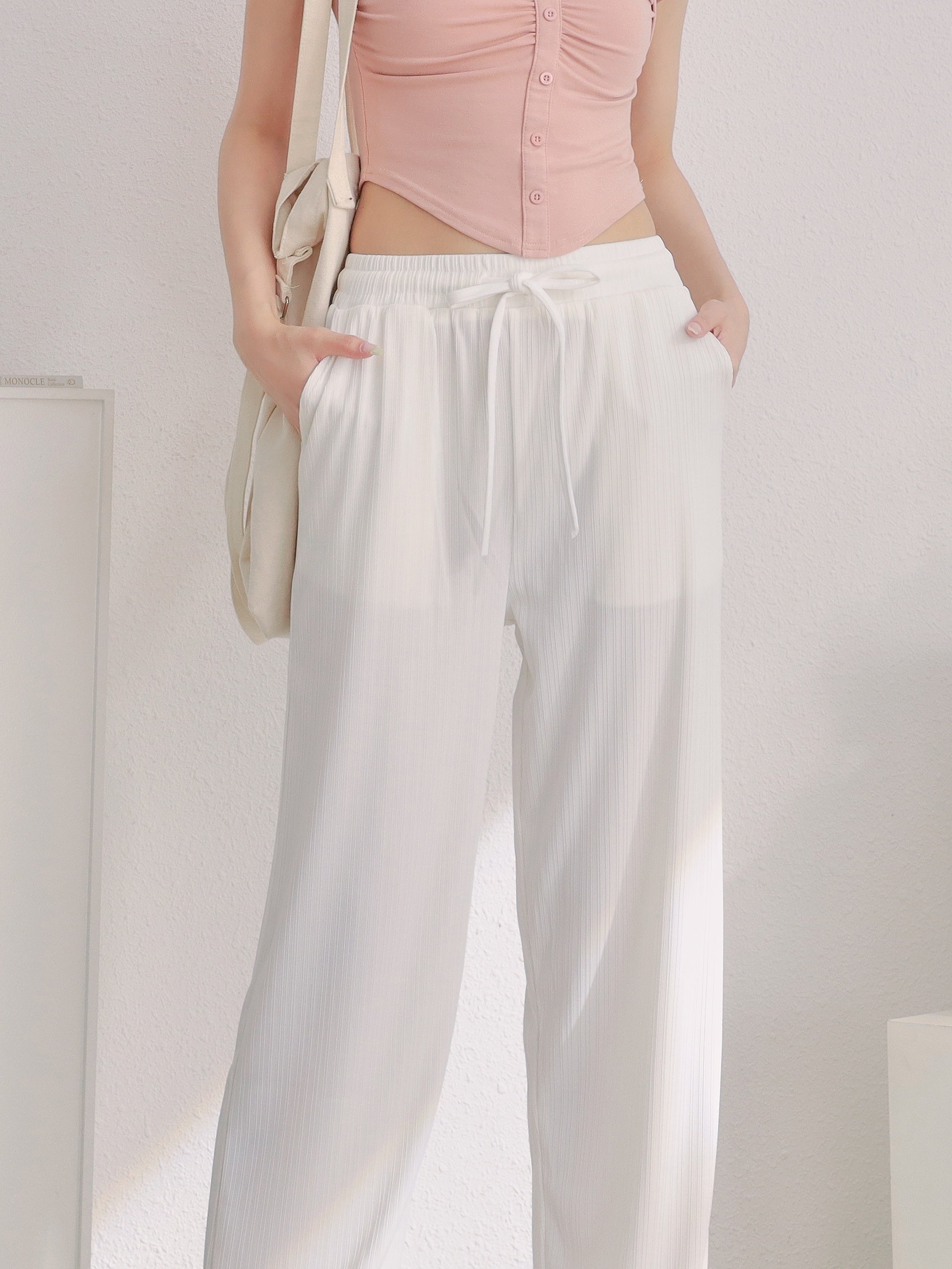 Solid Color Drawstring Wide Leg Pants