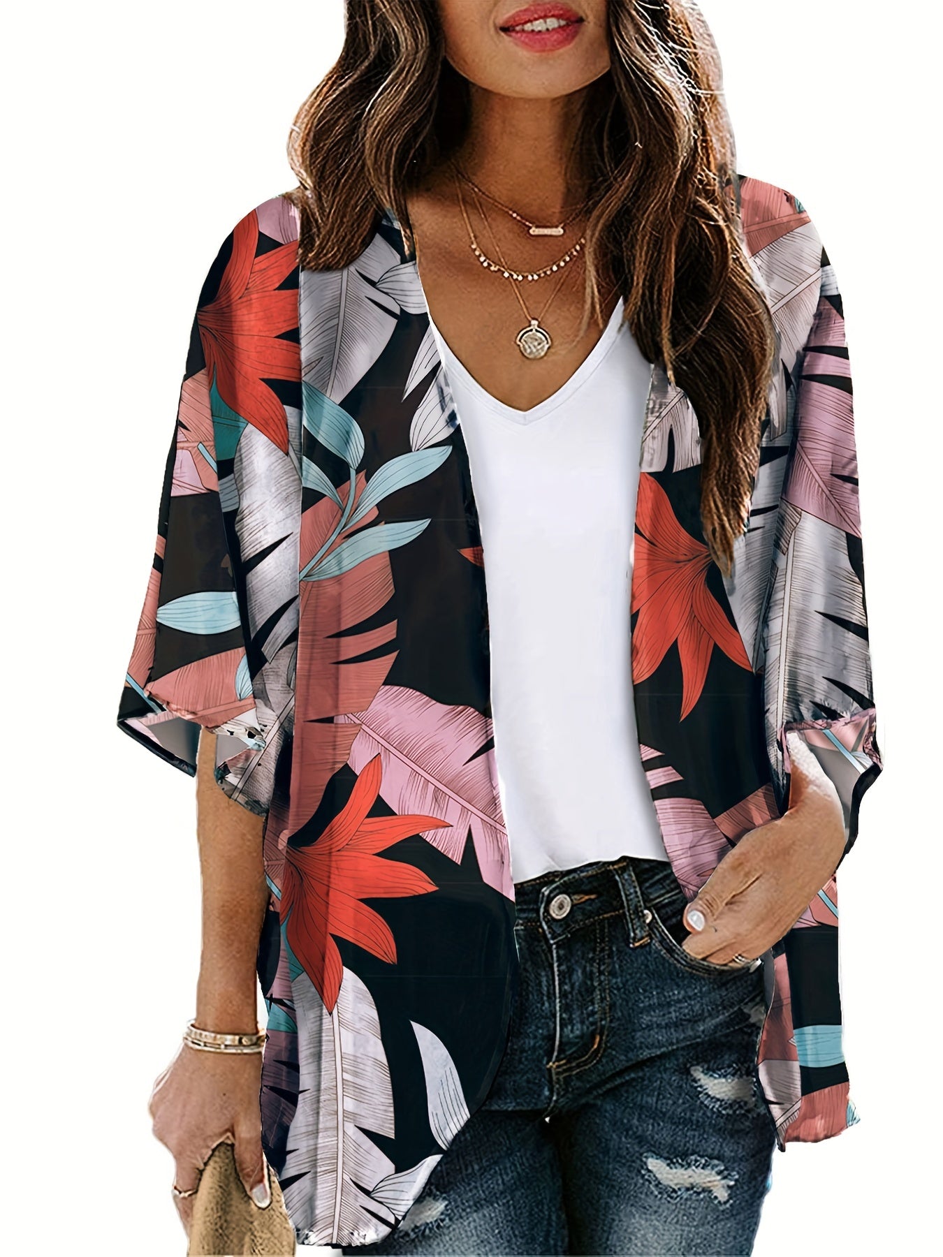 Tropical Print Cover Up Shirt V Neck Loose Fit Beachwear Women's Swimwear