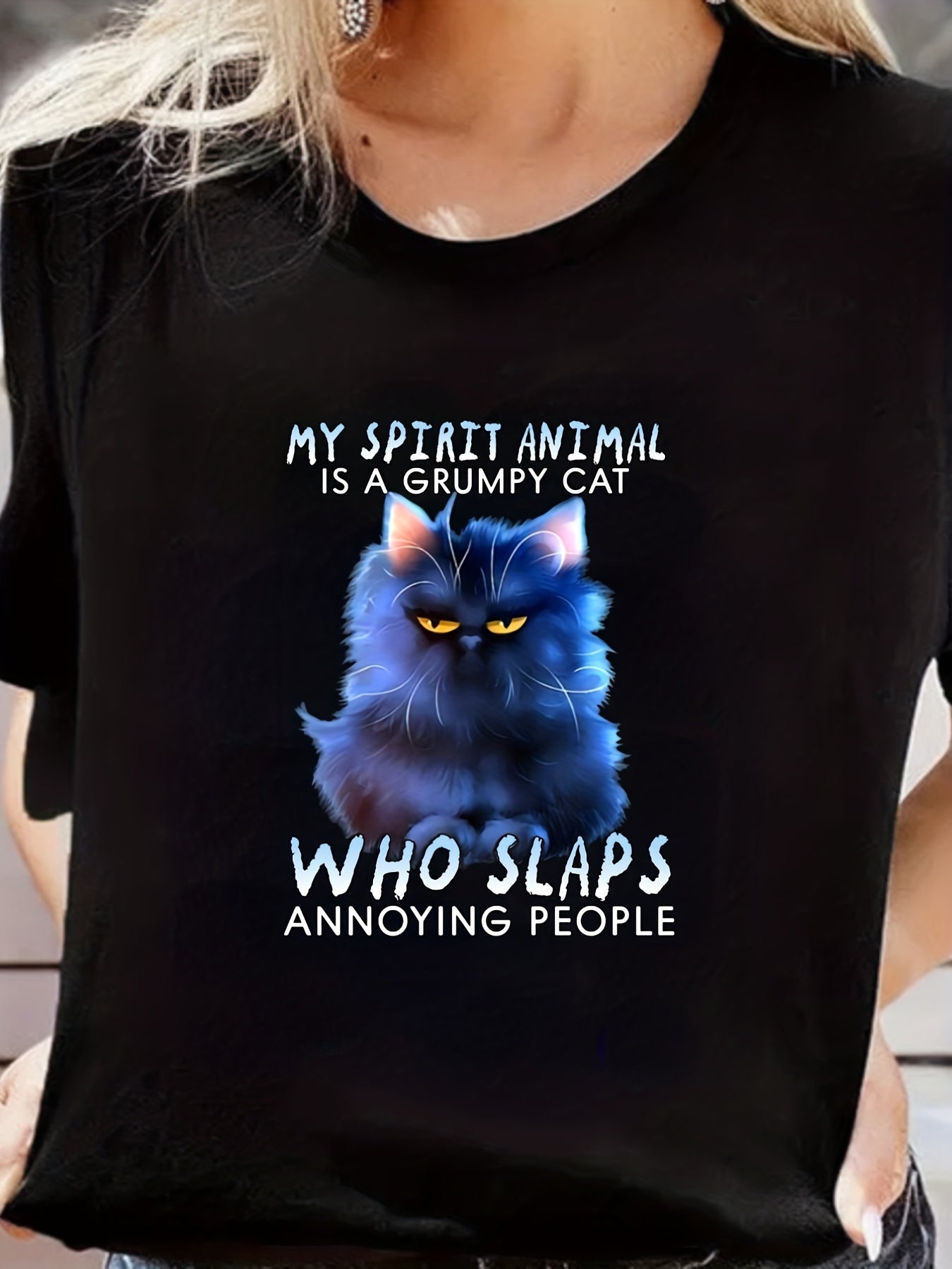 Cat & Letter Print Short Sleeve Tops O neck T shirts Women's Summer Tee