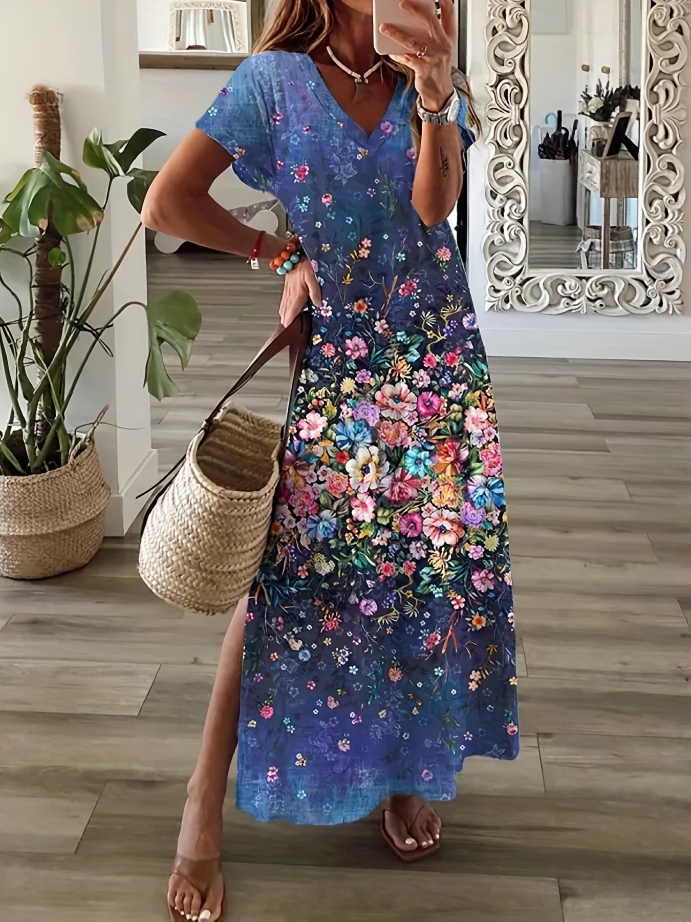 Floral Print V Neck Dress with Side Split