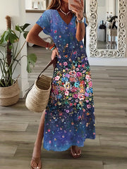 Floral Print V Neck Dress with Side Split