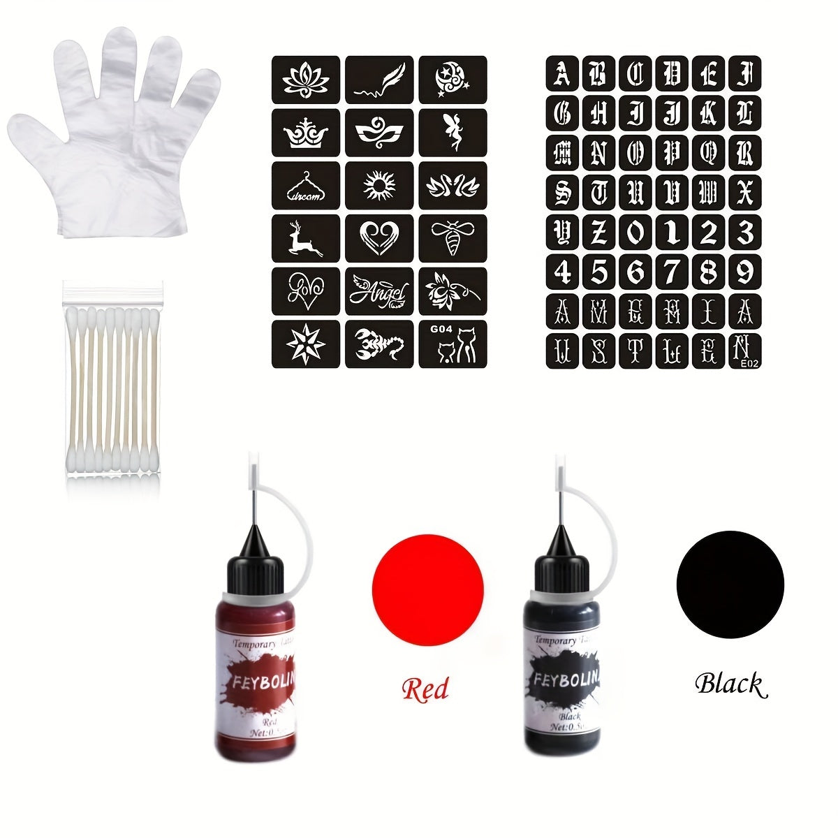 Temporary Tattoo Kit Freehand Ink with 2 Self-Adhesive Stencils