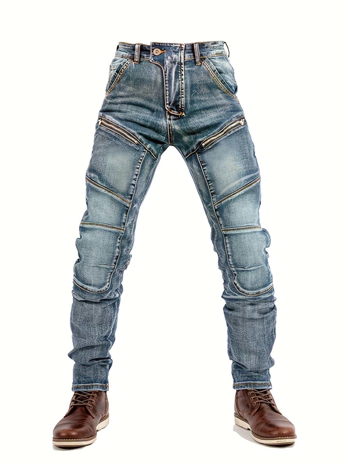 Men's Paneled Denim Jeans Slim Fit Zipper Fly Casual Trousers