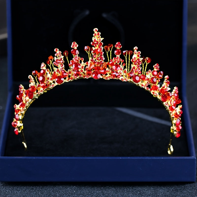 Red Crystal Crown Beaded Headdress Bridal Jewelry