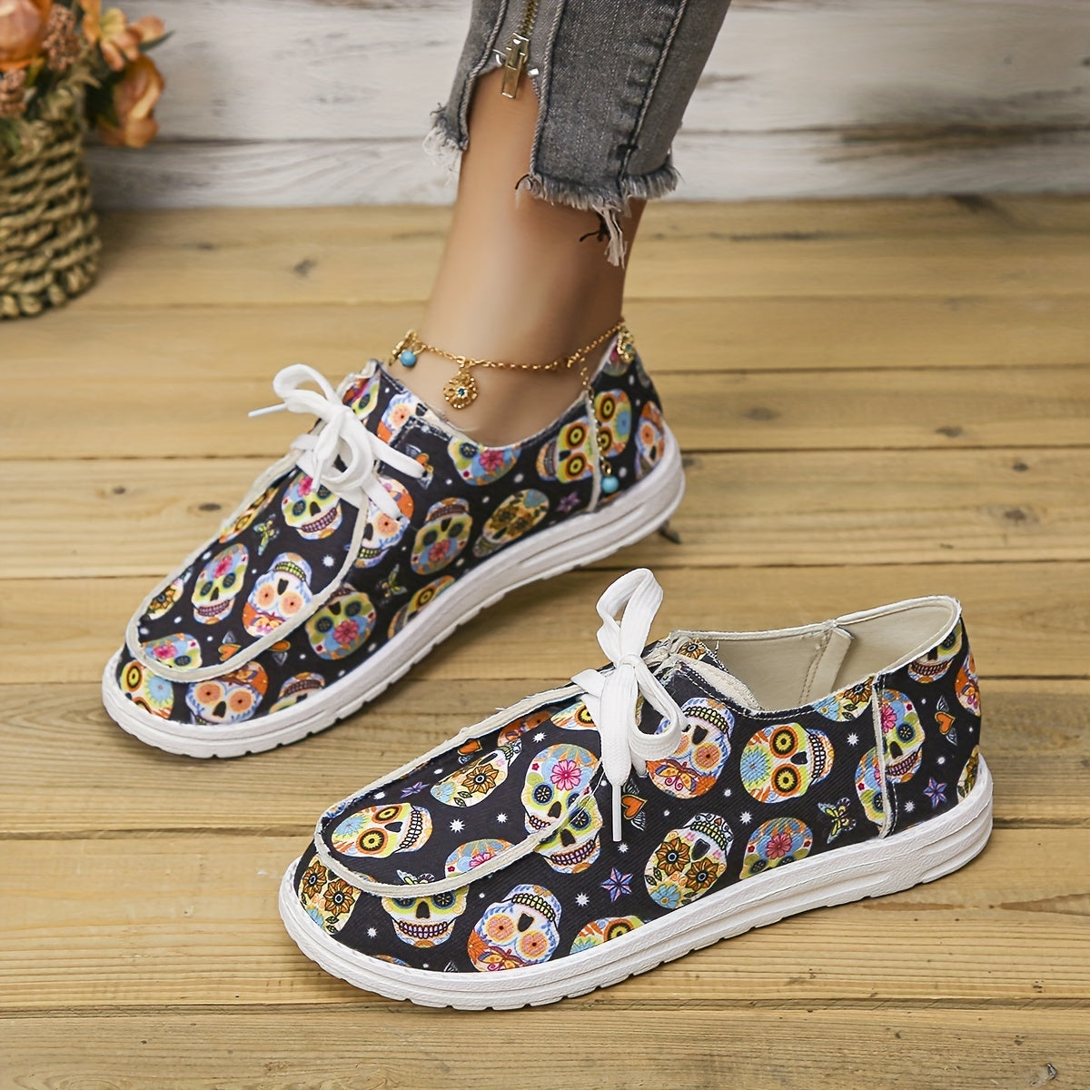 Colorful Skull Print Canvas Shoes Lace Up Lightweight Low Top Halloween Shoes