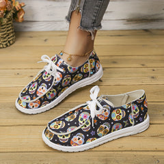 Colorful Skull Print Canvas Shoes Lace Up Lightweight Low Top Halloween Shoes