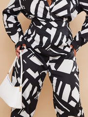 Women's Plus Geometric Print Button Up Top & Pants Set