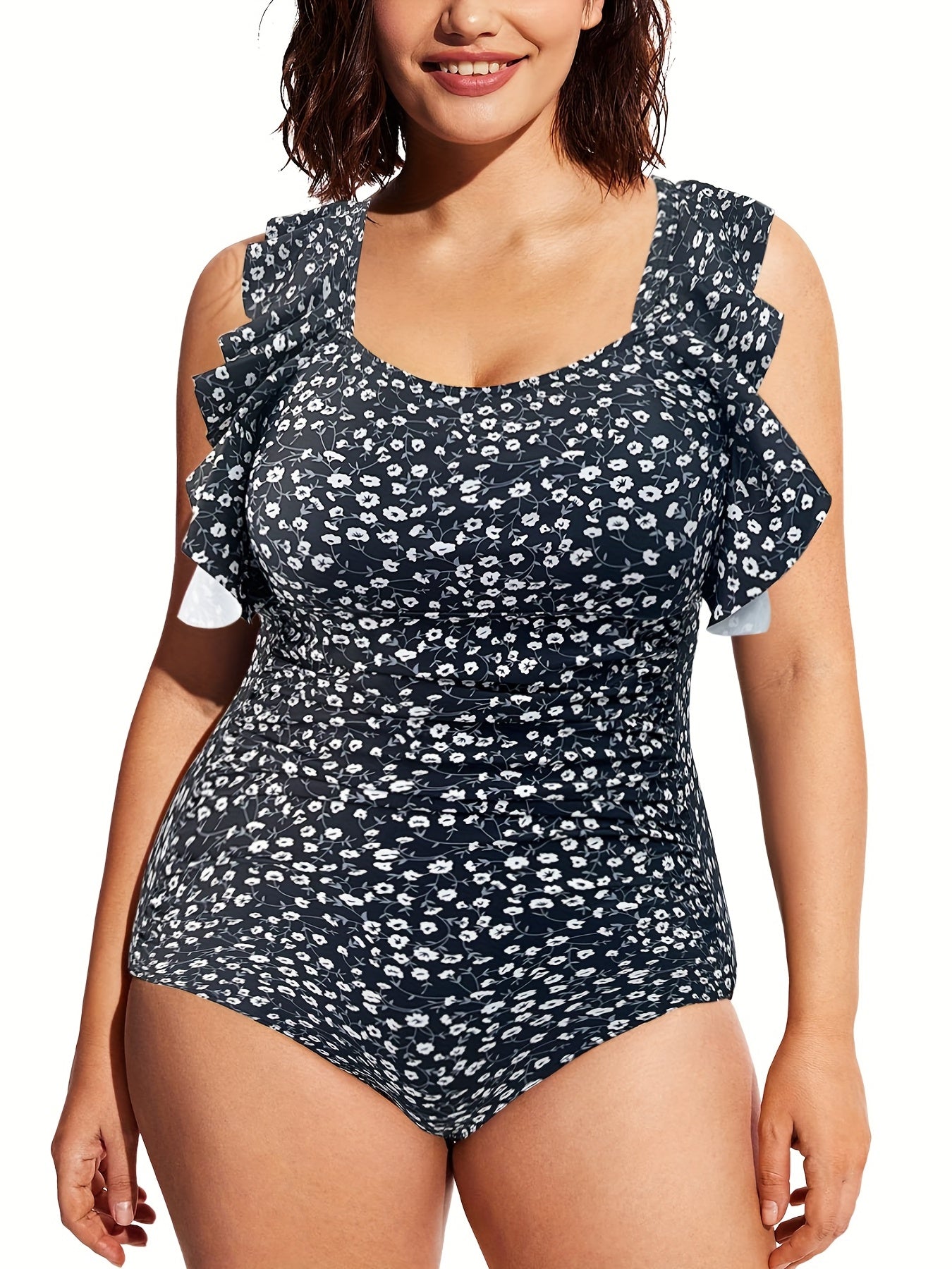 Boho Swimsuit Women's Plus Ditsy Floral Print Ruffle Trim One Piece