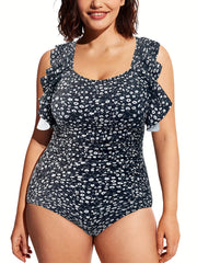 Boho Swimsuit Women's Plus Ditsy Floral Print Ruffle Trim One Piece
