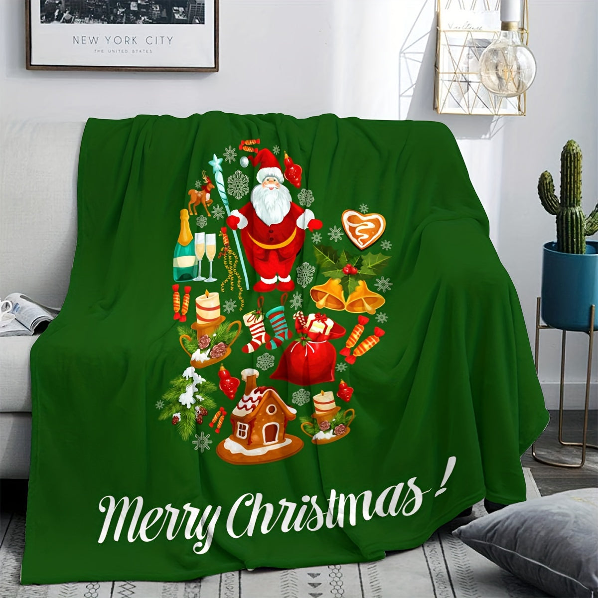 Green Santa Claus Print Bed Blanket Soft Sofa Blanket