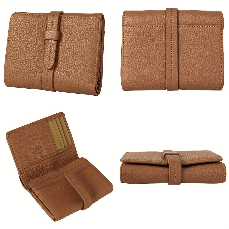 Women's Leather Bifold Wallet with Snap Closure Coin Pocket - Beige