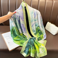 Green Oil Painting Print Scarf Classic Satin Shawl Sunscreen Head Wrap