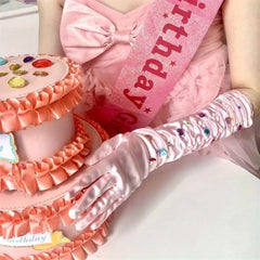 Pink Satin Rhinestone Gloves for Women