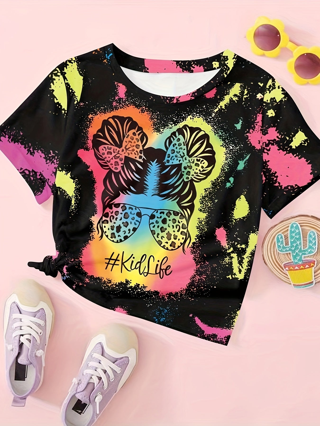 Tie Dye Pattern Cartoon Girl Short Sleeve T-shirt Girls Pullover Summer Sports