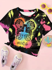 Tie Dye Pattern Cartoon Girl Short Sleeve T-shirt Girls Pullover Summer Sports
