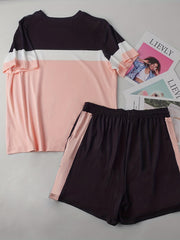 Colorblock Stripe Tee & Drawstring Shorts Set