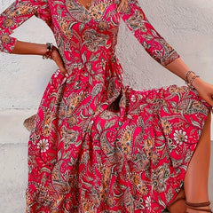 Boho Dress Women's Plus Paisley Print Long Sleeve V Neck