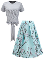 2 Piece Set: Bow Knot Crop Top & Floral Print Pleated Skirt