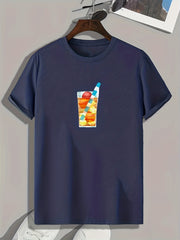 Fruit Drink Print Men's Comfy T shirt Active Slightly Stretch Tee