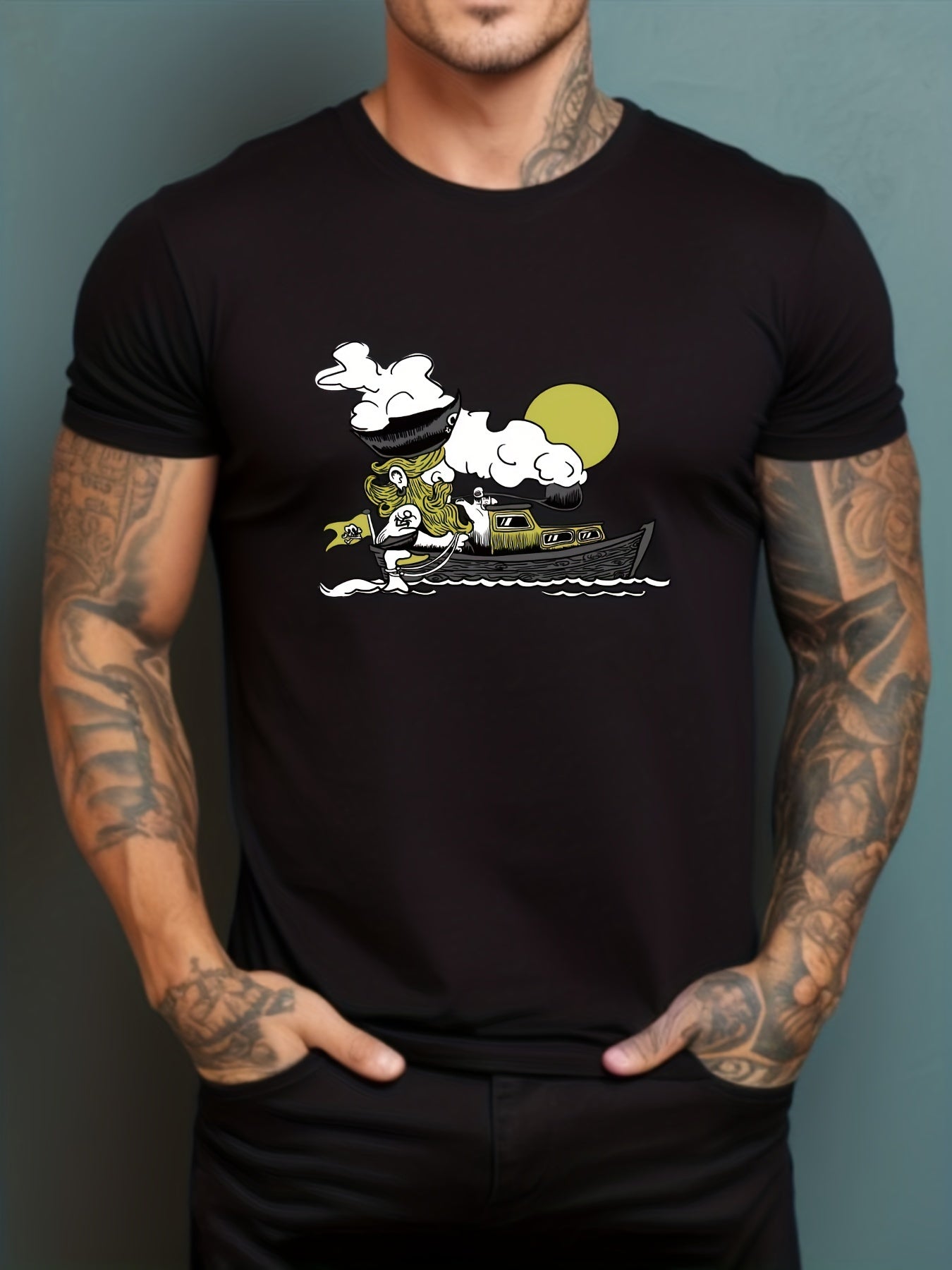 Men's Printed Leisure Sports T shirt Casual Stretch Round Neck Tee Shirt