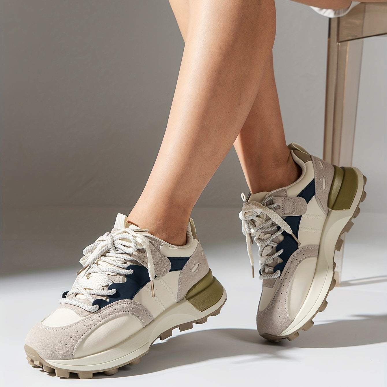 Women's Colorblock Non-Slip Sneakers Lace Up Platform Sport Shoes