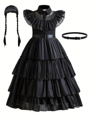 Girls Princess Mesh Ruffled Dress & Wig Set