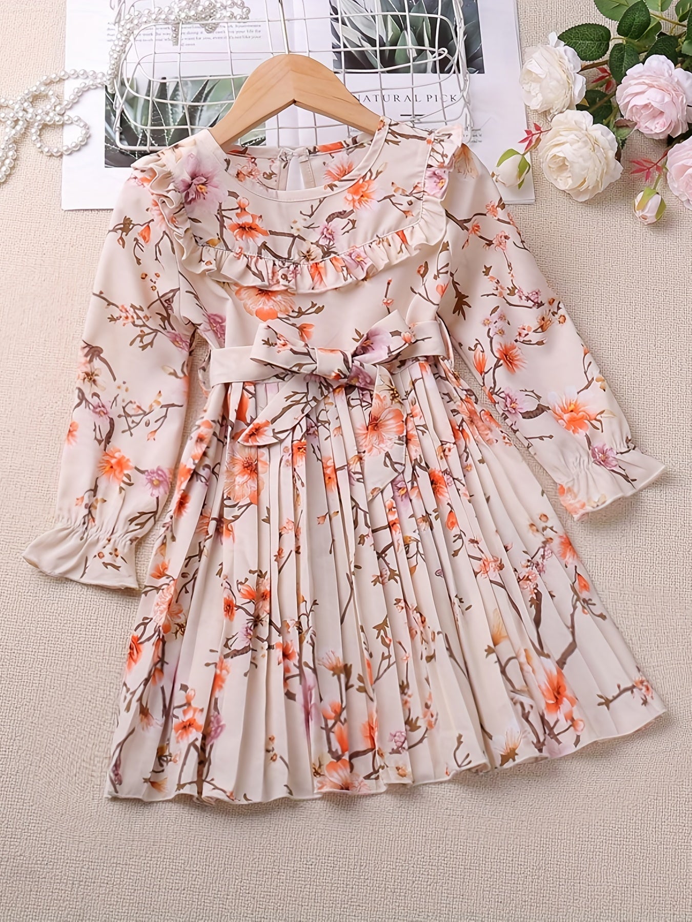 Girls Floral Botanical Print Long Sleeve Dress