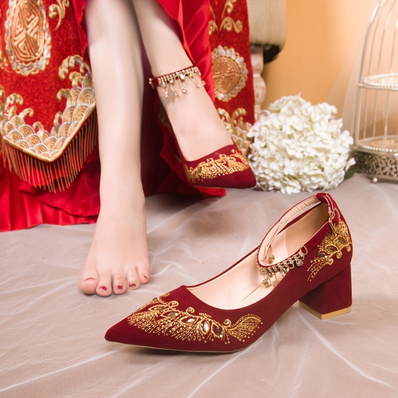 Embroidered Wedding Shoes Chunky Heel Tassel Ankle Strap Dress Shoes