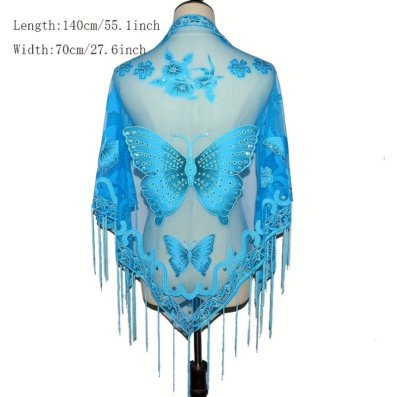 Lace Butterfly Print Shawl Long Fringed Triangle Towel for Women