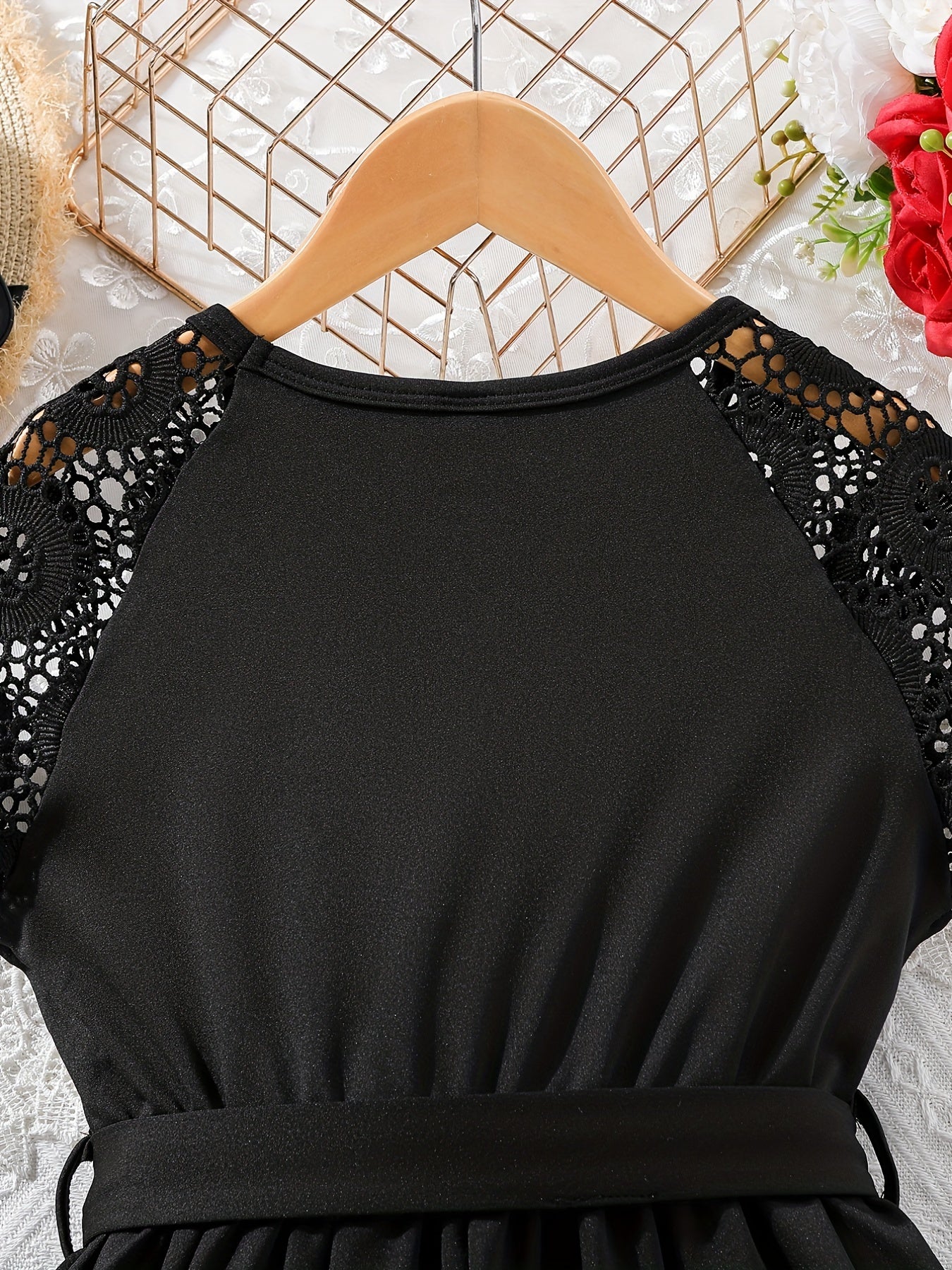 Girls' Lace Shoulder Short Sleeve Tunic Dress - Party Holiday Outing