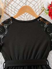 Girls' Lace Shoulder Short Sleeve Tunic Dress - Party Holiday Outing