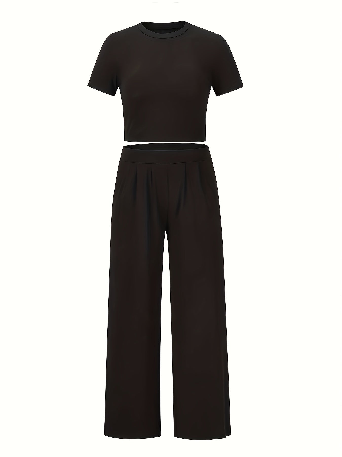 2 Piece Set Women's Solid Crop Tee & Loose Pants