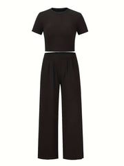 2 Piece Set Women's Solid Crop Tee & Loose Pants