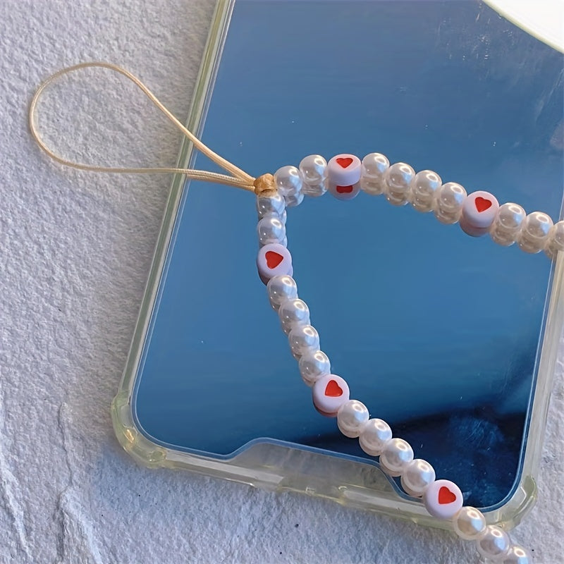 Resin Red Love Pearl Phone Lanyard Keychain for Girls