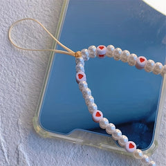 Resin Red Love Pearl Phone Lanyard Keychain for Girls