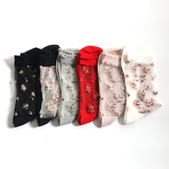 6 Pairs Floral Print Crystal Glass Socks Breathable Cotton Women's Stockings