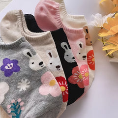 5 Pairs Floral Print Boat Socks Women's Stockings