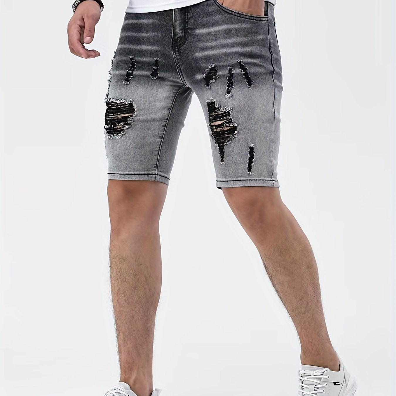 Men's Slim Fit Ripped Denim Shorts - Casual Street Style Distressed Denim Shorts